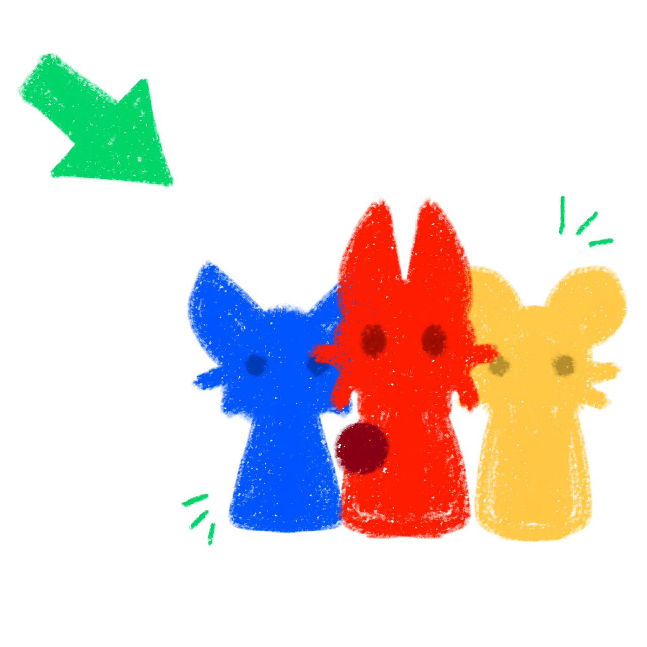  three colorful, cartoonish figures that resemble stylized animals or creatures farther in the distance. From left to right, there's a blue figure, a red figure with prominent ears, and a yellow figure. Each has large eyes and a simplistic design, giving a playful and friendly vibe. There's also a green arrow pointing towards the group